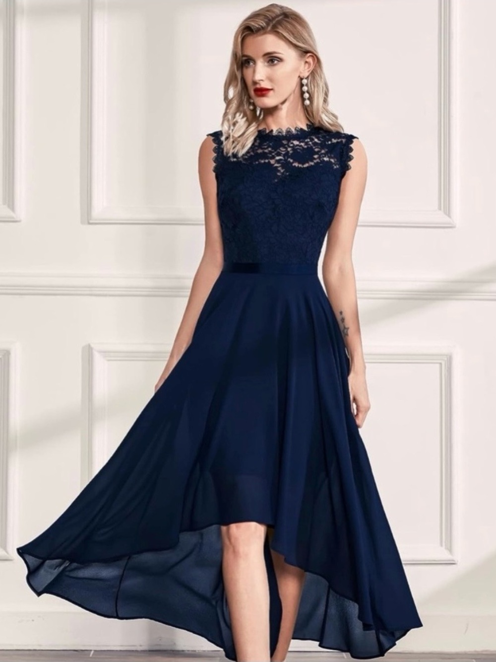 Miusol Navy Blue Lace High Low Formal Midi Dress Women’s Small NWT
